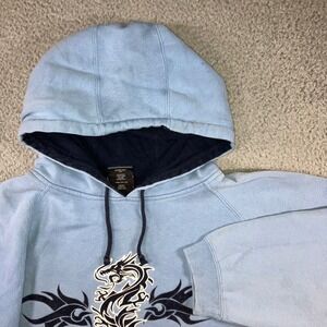 Vtg Top Heavy Hoodie Men M Blue Tribal Dragon Graphic Y2K Streetwear Pullover